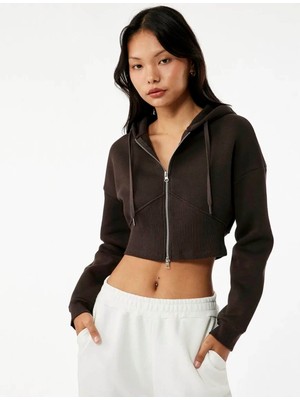 Koton Kapüşonlu Korse Detaylı Fermuarlı Crop Kahverengi Kadın Sweatshirt 6WAL10505IK