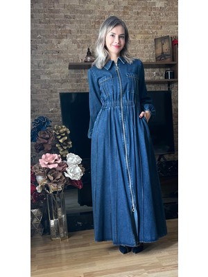 Fermuarlı Kuplu Tasarım Beli Lastikli Rahat Kalıp Kot Elbise Tesettür Jean Elbise