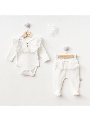 Ürünya Yenidoğan Kız Bebek Uzun Kollu Aksesuarlı Tül Detaylı 3'lü Set