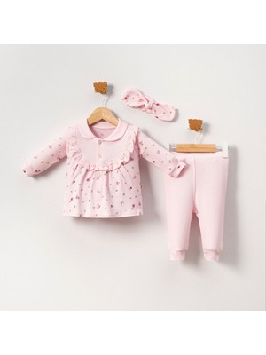 Ürünya Kız Bebek Uzun Kollu Desenli Bandanalı 3'lü Takım