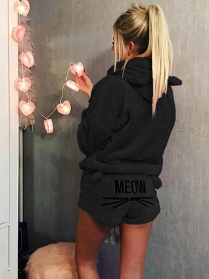 Kadın Uzun Kollu Meow Kedi Nakışlı Kapşonlu Peluş Sweat ve Short Ikili Takım