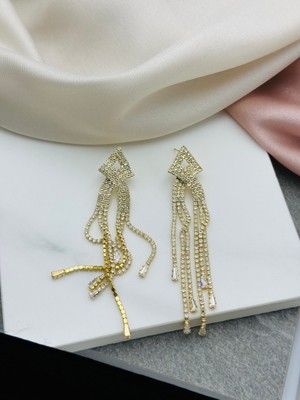 Gold Taşlı Sallantılı Çelik Küpe 2