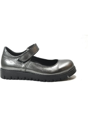 Onlo Ayakkabı 257 Hakiki Deri Gri Cırtlı Ortopedik Kız Çocuk Okul Babet Ayakkabı