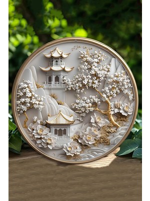 Asya Mimarisi ve Çiçekli Ağaç Tasarımlı Uv Baskılı Mdf Duvar Süsü – 33X33 cm & 20X20 cm DT130