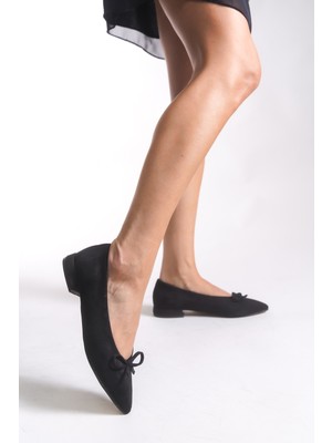 Riccon Kadın Sivri Burun Babet Siyah Süet Düz Taban ile Şık ve Rahat Kullanım