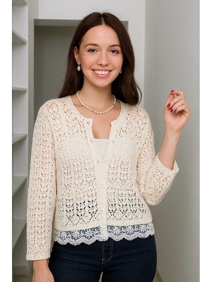 Kadın Dantel Görünümlü Örgü Hırka – Scallop Detaylı & Yumuşak Dokulu