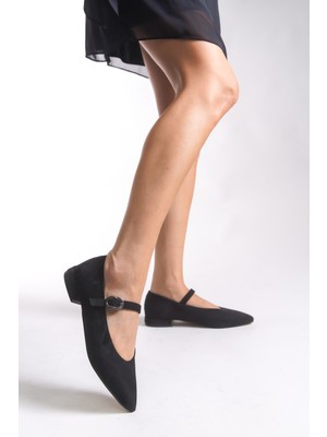 Riccon Kadın Sivri Burun Babet 0012501 Siyah Süet Düz Taban ile Şık ve Rahat Ayakkabı