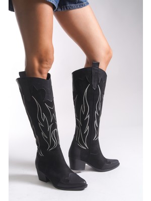 Riccon Kadın Western Çizme 001250201 Siyah Süet Malzeme ile Günlük Kullanım İçin Uygun