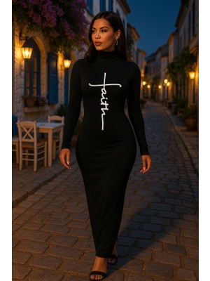 Kadın Uzun Kollu Boğazlı Baskı Detaylı Viskon Tam Boy Elbise