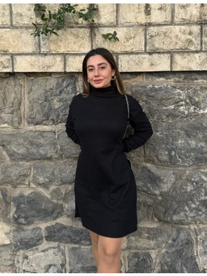 Kadın Uzun Kollu Balıkçı Yaka Kısa Şardonlu Kaşkorse Elbise