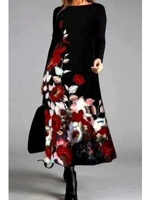 Kadın Uzun Kollu Çiçek Baskılı Midi Mikro Elbise