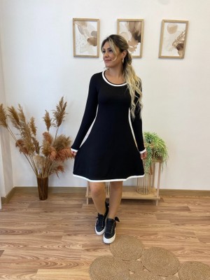 Kadın Uzun Kollu Derin Yuvarlak Yakalı Kısa Viskon Iki Iplik Elbise