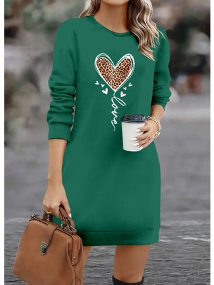 Kadın Uzun Kollu Bisiklet Yaka Kalp Desenli Kısa Viskon Elbise