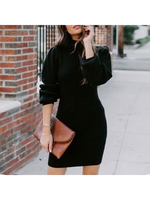 Kadın Uzun Kollu Balıkçı Yaka Şardonlu Kaşkorse Elbise