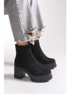 Riccon Eshathbel Kadın Topuklu Bot 0012510 Siyah Süet Dış Materyal ile Şık ve Rahat Tasarım
