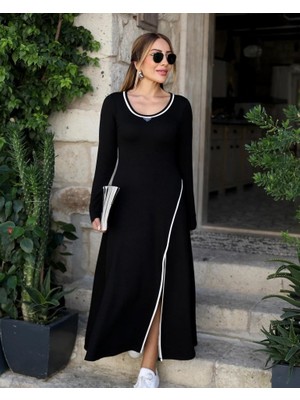 Kadın Uzun Kollu Yuvarlak Ribana Yaka Yırtmaçlı Uzun Viskon Iki Iplik Elbise