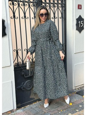 Kadın Uzun Kollu Bisiklet Yaka Papatya Desen Kuşak Dahil Maxi Boy Elbise