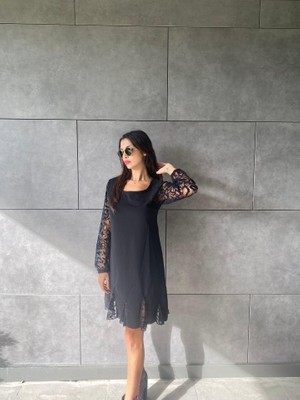 Kadın Uzun Kollu Yuvarlak Yaka Kol ve Etek Ucu Dantelli Kısa Ithal Krep Elbise