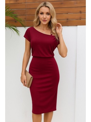 Sosostyle Kadın Kısa Kollu Tek Omuz Askı ve Aksesuar Detay Beli Lastikli Krep Elbise