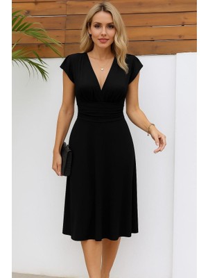 Alinn Butikk Kadın Kısa Kollu Kruvaze Yakalı Bel Korsajı Buzgulu Midi Janjan Krep Elbise