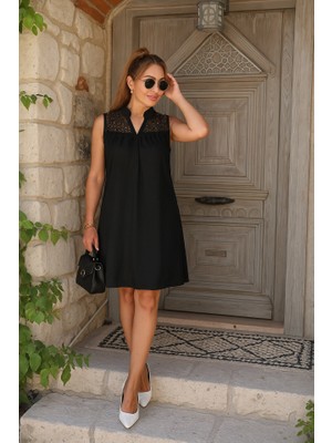Arben Boutique Kadın Kolsuz V Hakim Yaka Dantelli Janjan Krep Elbise
