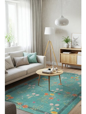 Florart Turkuaz  / Turuncu Doğa Temalı Çiçekli Dokuma Tabanlı Modern Şönil Halı Al 491