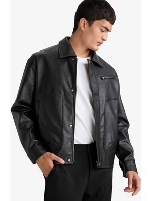 DeFacto Su İtici Oversize Geniş Kalıp Gömlek Yaka Çıtçıtlı İç Cepli Suni Deri Mont F8600AX25WN