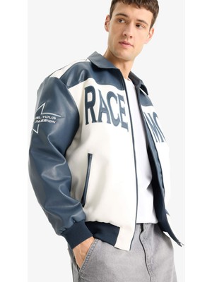 DeFacto Oversize Geniş Kalıp Gömlek Yaka Fermuarlı Nakış Detaylı İç Cepli Suni Deri Mont E8819AX25AU