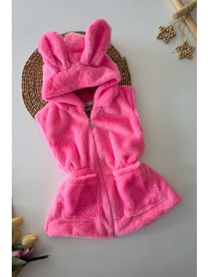 Miniğimin Cicileri Kulak Detaylı Peluş Cepli Çocuk yelek - Pembe