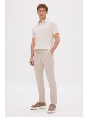 Altınyıldız Classics Erkek Bej Slim Fit Dar Kesim Beli Bağlamalı Yan Cep Gofre Desenli Pantolon