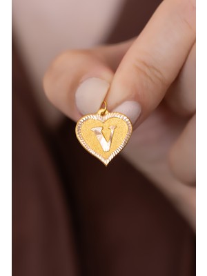 Bayar Gold 14 Ayar Altın Nostaljik Kalp V Harf Kolye Ucu