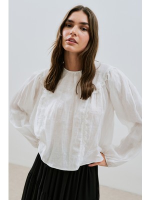 Keten Crush Efektli Bluz Ekru