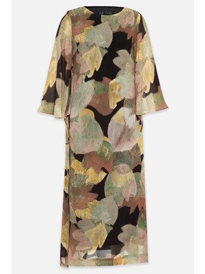 Setre Siyah-Sarı Yandan Bağlamalı Yırtmaç Detaylı Truvakar Kol Desenli Elbise