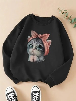 Kadın Sevimli Kedi Baskılı Bisiklet Yaka Gri Siyah Sweatshirt Oversize Salaş
