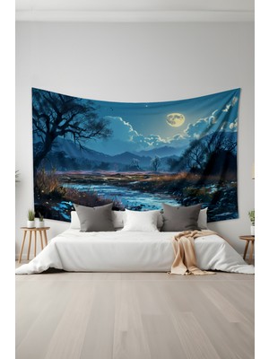 Moud's Ay Işığı Nehir Manzarası Desenli Duvar Halısı Duvar Örtüsü Tapestry Süet Dokulu Kumaş
