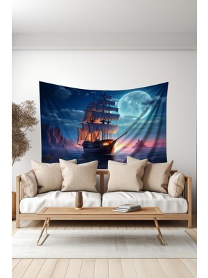 Moud's Ay Işığı Yelkenli Desenli Duvar Halısı Duvar Örtüsü Tapestry Süet Dokulu Kumaş