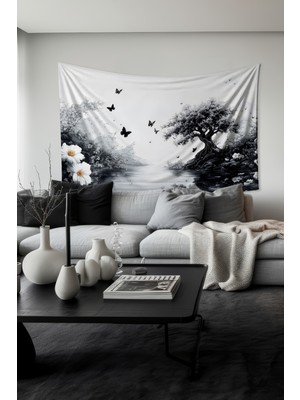 Moud's Siyah Doğa Manzarası Desenli Duvar Halısı Duvar Örtüsü Tapestry Süet Dokulu Kumaş