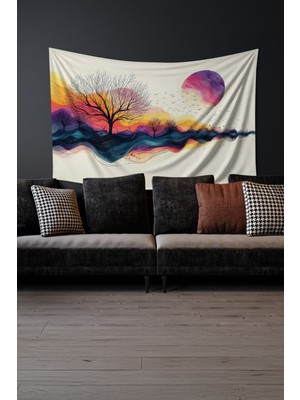 Moud's Renkli Gün Batımı Desenli Duvar Halısı Duvar Örtüsü Tapestry Süet Dokulu Kumaş