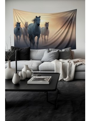 Moud's Yılkı Atları Desenli Duvar Halısı Duvar Örtüsü Tapestry Süet Dokulu Kumaş