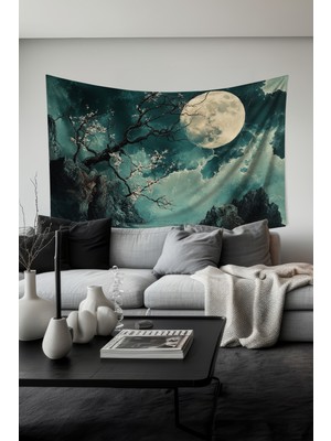 Moud's Ay Işığı Kiraz Ağacı Desenli Duvar Halısı Duvar Örtüsü Tapestry Süet Dokulu Kumaş