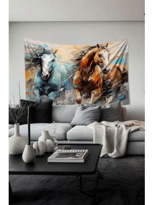 Moud's Fırça Darbesi Atlar Desenli Duvar Halısı Duvar Örtüsü Tapestry Süet Dokulu Kumaş