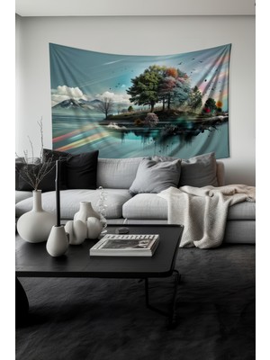 Moud's Renkli Doğa Yansıması Desenli Duvar Halısı Duvar Örtüsü Tapestry Süet Dokulu Kumaş