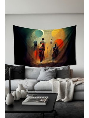 Moud's Renkli Silüetler Desenli Duvar Halısı Duvar Örtüsü Tapestry Süet Dokulu Kumaş