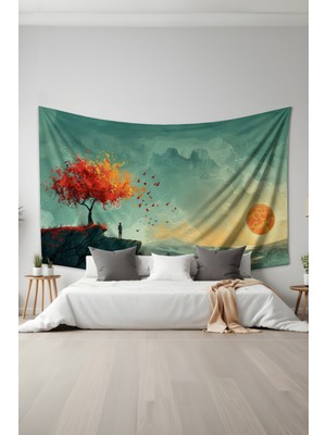 Moud's Gün Batımında Yalnızlık Desenli Duvar Halısı Duvar Örtüsü Tapestry Süet Dokulu Kumaş