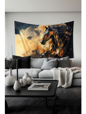 Moud's Altın Siyah At Desenli Duvar Halısı Duvar Örtüsü Tapestry Süet Dokulu Kumaş