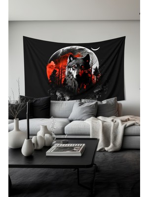 Moud's Kurt ve Ay Desenli Duvar Halısı Duvar Örtüsü Tapestry Süet Dokulu Kumaş