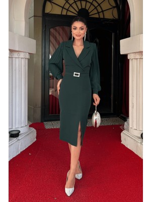 Giyimmasalı Atlas Kumaş Kolları Pile Detaylı Ceket Elbise - Zümrüt Yeşil