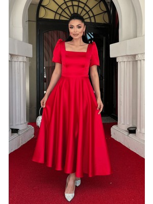 Giyimmasalı Saten Kumaş Kare Yaka Balon Kol Midi Elbise - Kırmızı