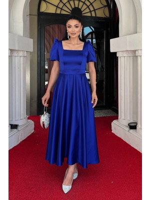 Giyimmasalı Saten Kumaş Kare Yaka Balon Kol Midi Elbise - Saks Mavi