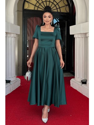 Giyimmasalı Saten Kumaş Kare Yaka Balon Kol Midi Elbise - Zümrüt Yeşil